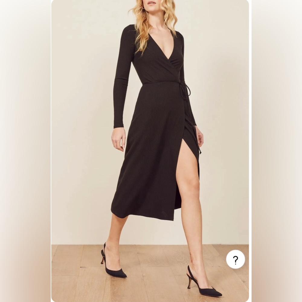 REFORMATION Black Ribbed Knit Wrap Dress